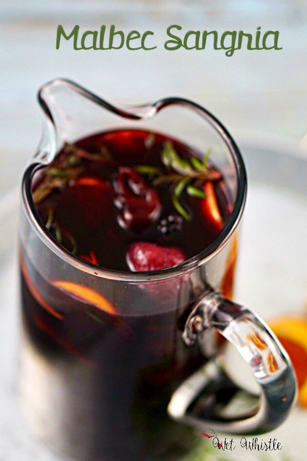 This Malbec Sangria is lively and rich! It has a depth of flavor as well as a whimsy of sweetness that lay surprisingly light on the palate~Wet Whistle Drinks by Darla Bentley